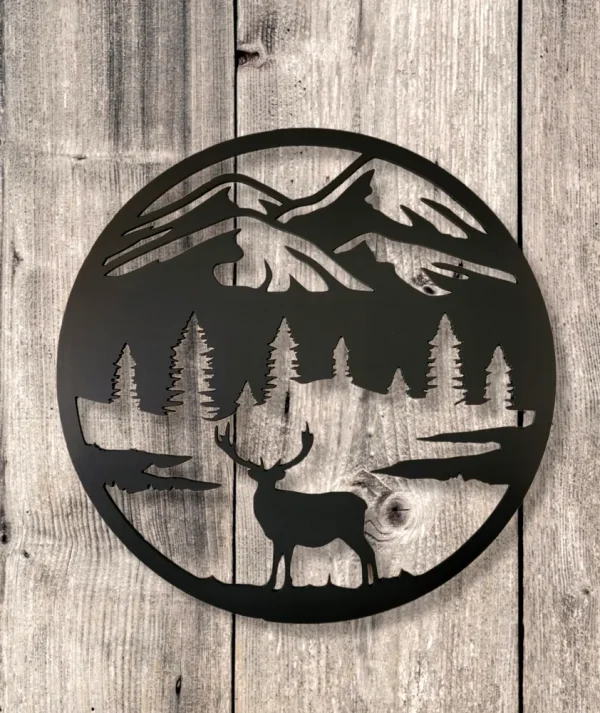 Deer with Mountains and Woods in Circle Steel Painted Black Wall Art Home Décor